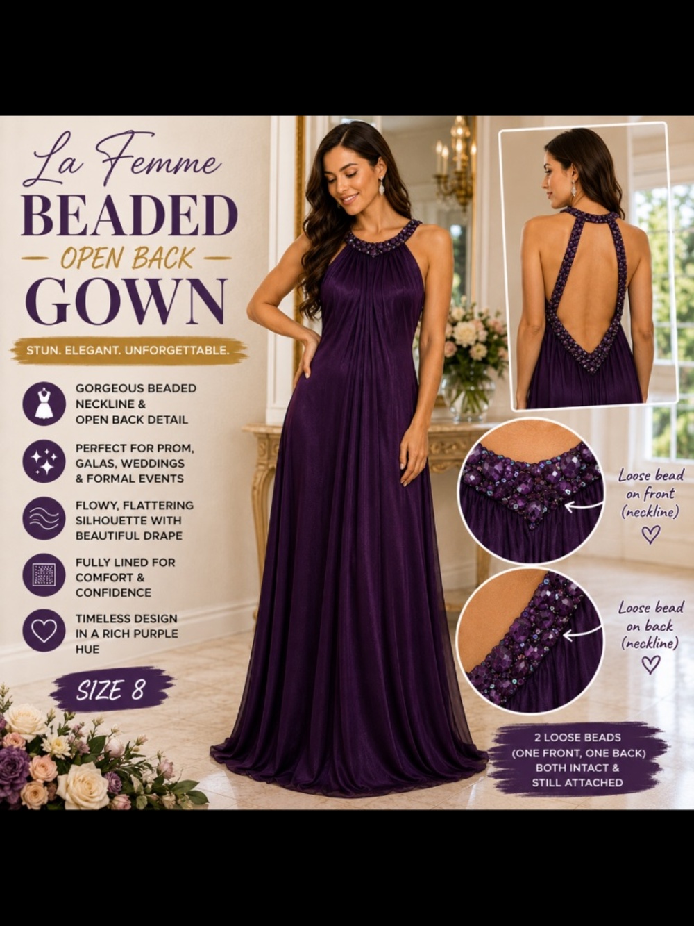La Femme Purple Beaded Open Back Formal Gown Size 8 Prom Evening Dress